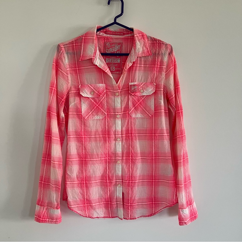 👚Superdry Pink & White Plaid Button-Up Shirt Size Small